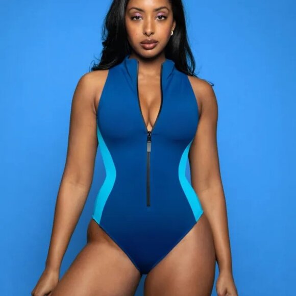 TA3 Sleeveless Surfy One Piece Swimsuit L Blue on Blue Hi Cut Shaping Corset - Picture 1 of 6